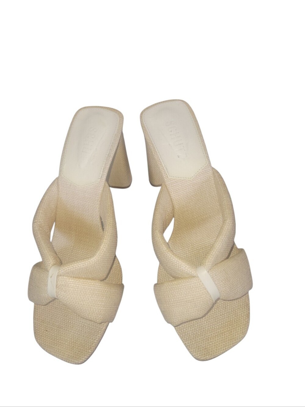 Schutz Fairy High Nappa 4" Block Heel Leather Beige Knotted Slide Sandals 9.5B